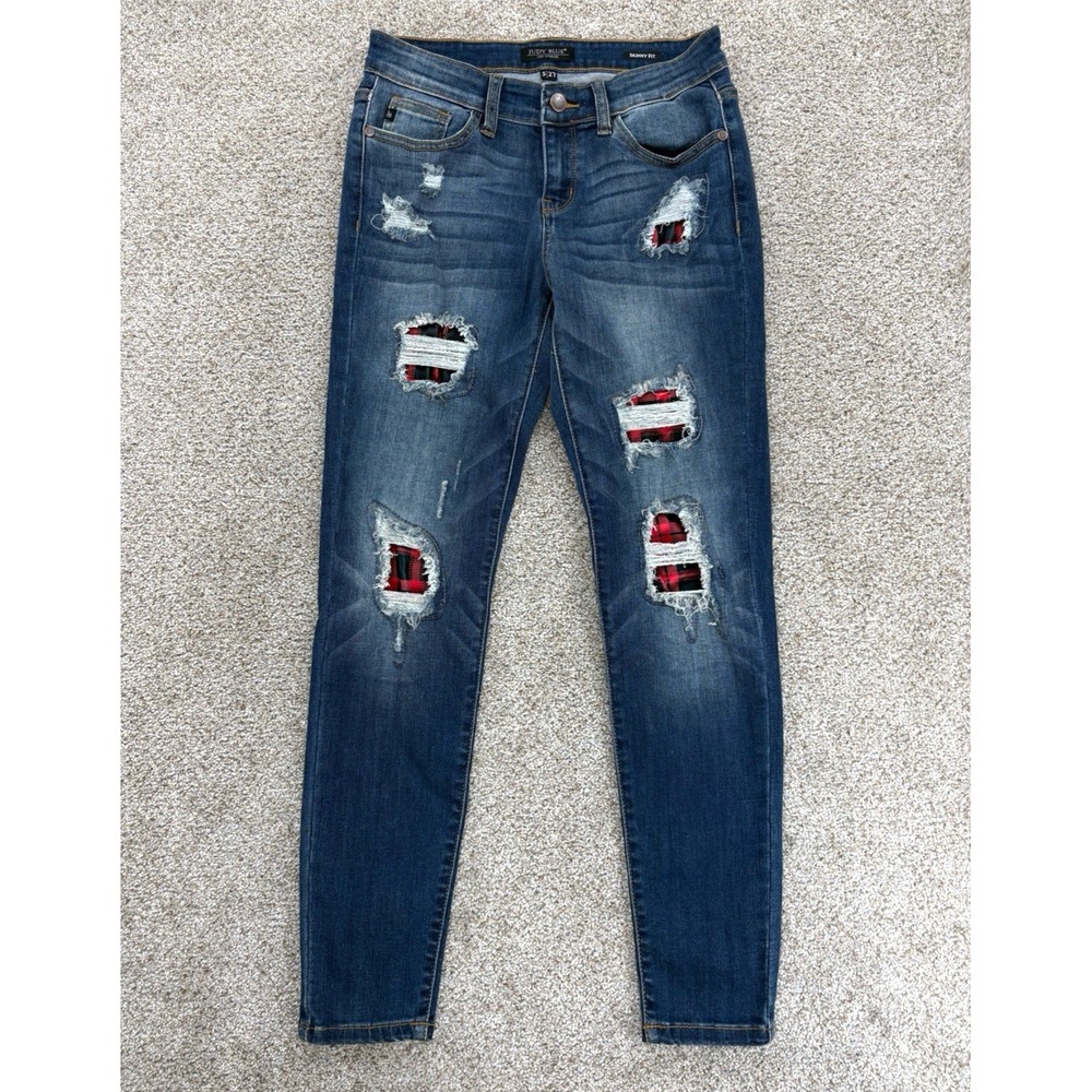 Judy Blue Jeans Womens 5/27 Blue Buffalo Plaid Patch Skinny Fit Mid Rise Stretch